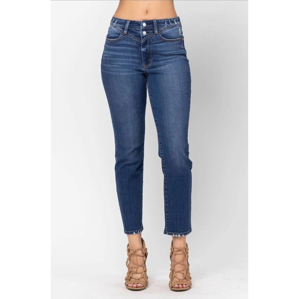 NWT Judy Blue High Waist Slim Fit V-Yoke Distressed Jeans Dark Stone 7/28